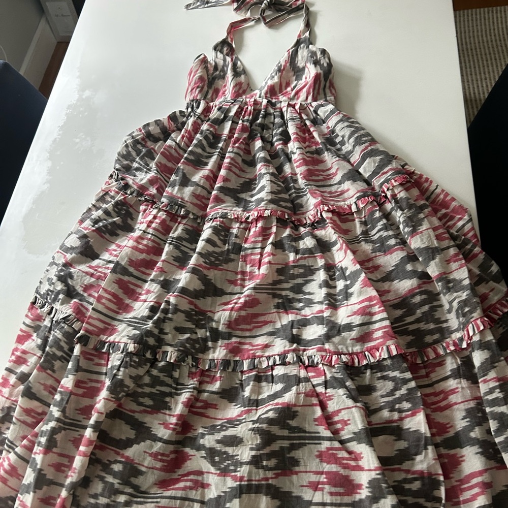 Seema Kahai Pink and Gray Ikat Maxi Halter Dress